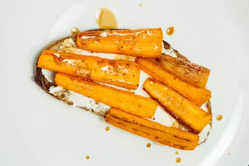Tartine #5 roasted carrots with goat cheese and balsamic drizzle