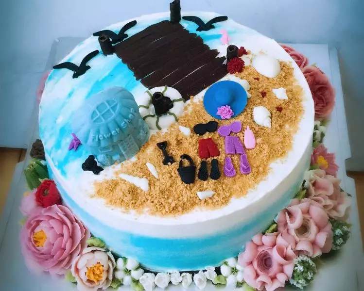 韓式裱花度假場景奶油蛋糕