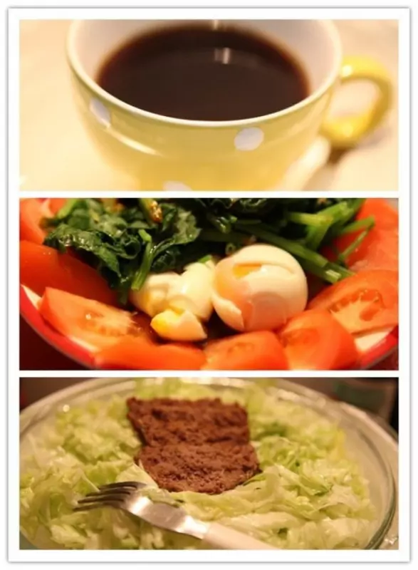13天減肥法のDay1：清咖+水煮雞蛋菠菜番茄+牛排生菜沙拉