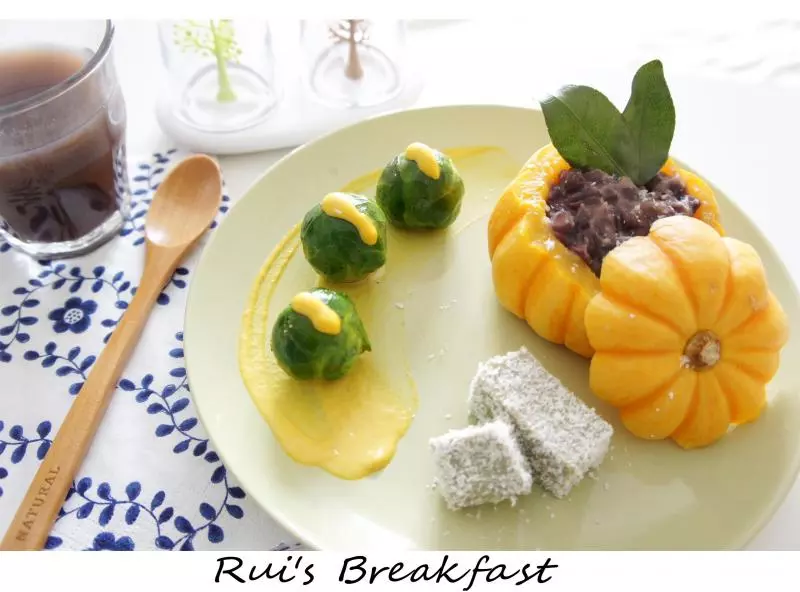 紅豆沙南瓜盅+椰蓉抹茶糕+小小甘藍芥末包菜