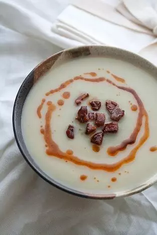 Sunchoke soup with crispy speck shards