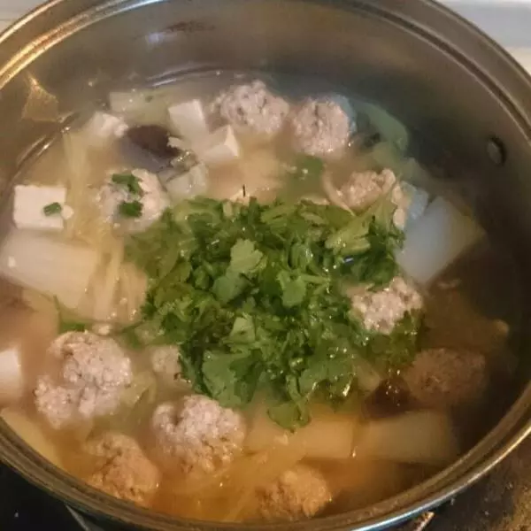 白菜豆腐蘑菇丸子汤
